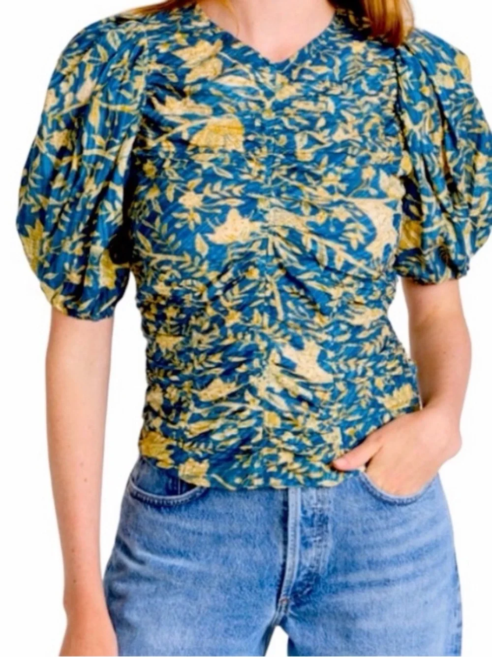 Ulla Johnson Blue and Yellow Ruched Puff-Sleeve Blouse